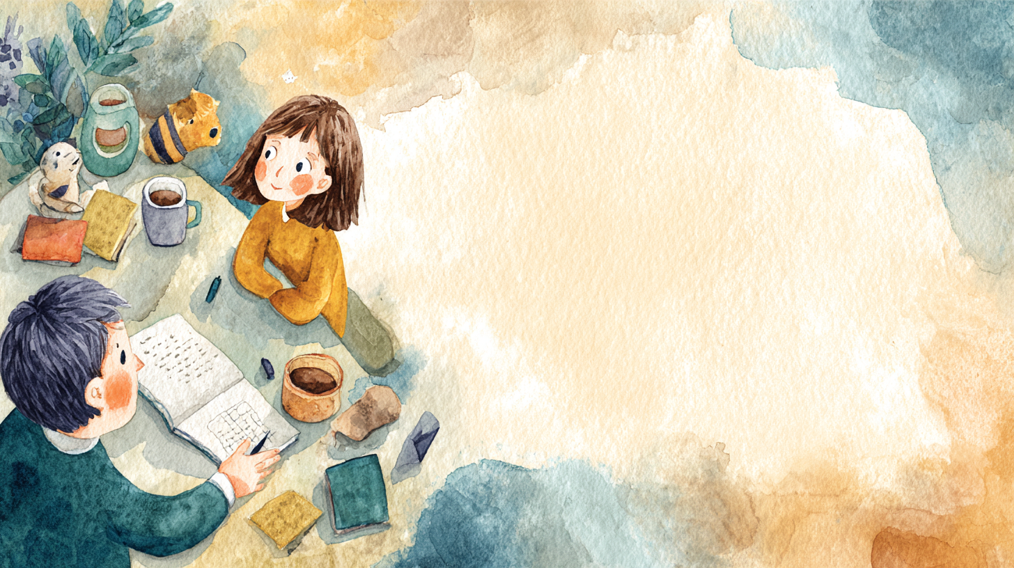 4月からのnarZE活動【中高生】 — ノートに書きとめる中高生と、お茶や本を囲んで対話する場面の水彩画
