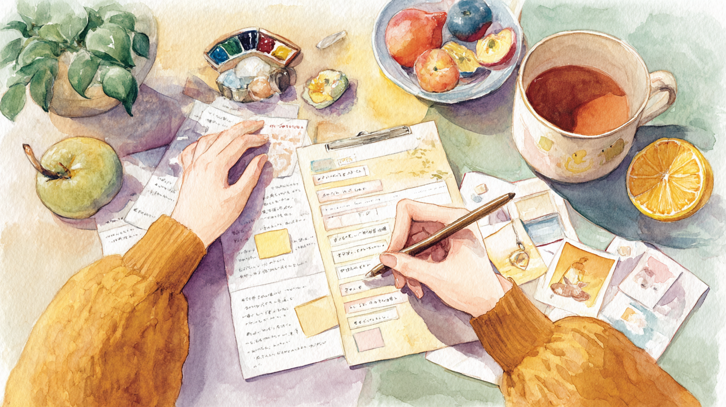 自分取扱説明書づくり — ワークシートに自分のことを書き出す手元、温かいお茶と果物のある机の水彩画